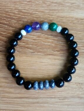 Black Onyx, Purple Amethyst, Green Jade Beads Bracelet, Stretch, Hand Crafted